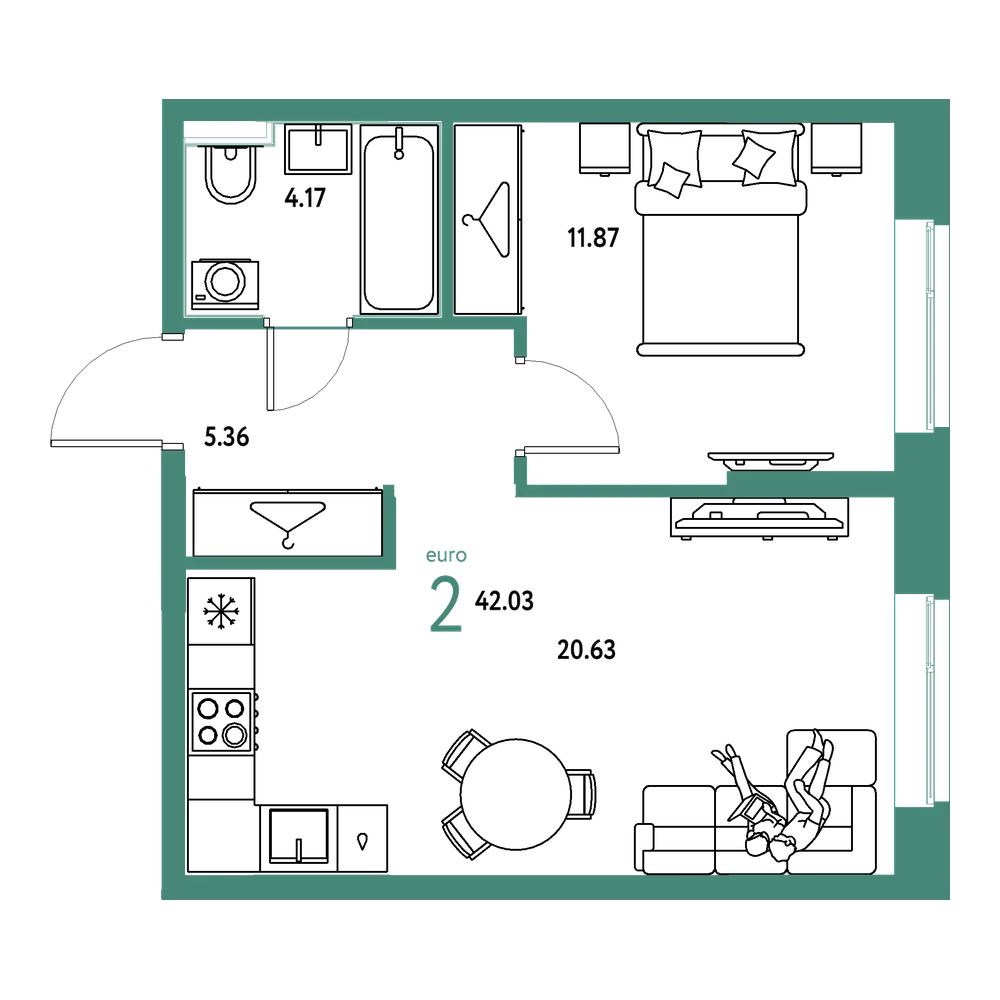 Планировка: Евродвушка 42,03 м²
