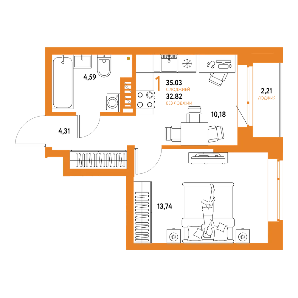 Планировка: 1-комнатная 35,03 м²