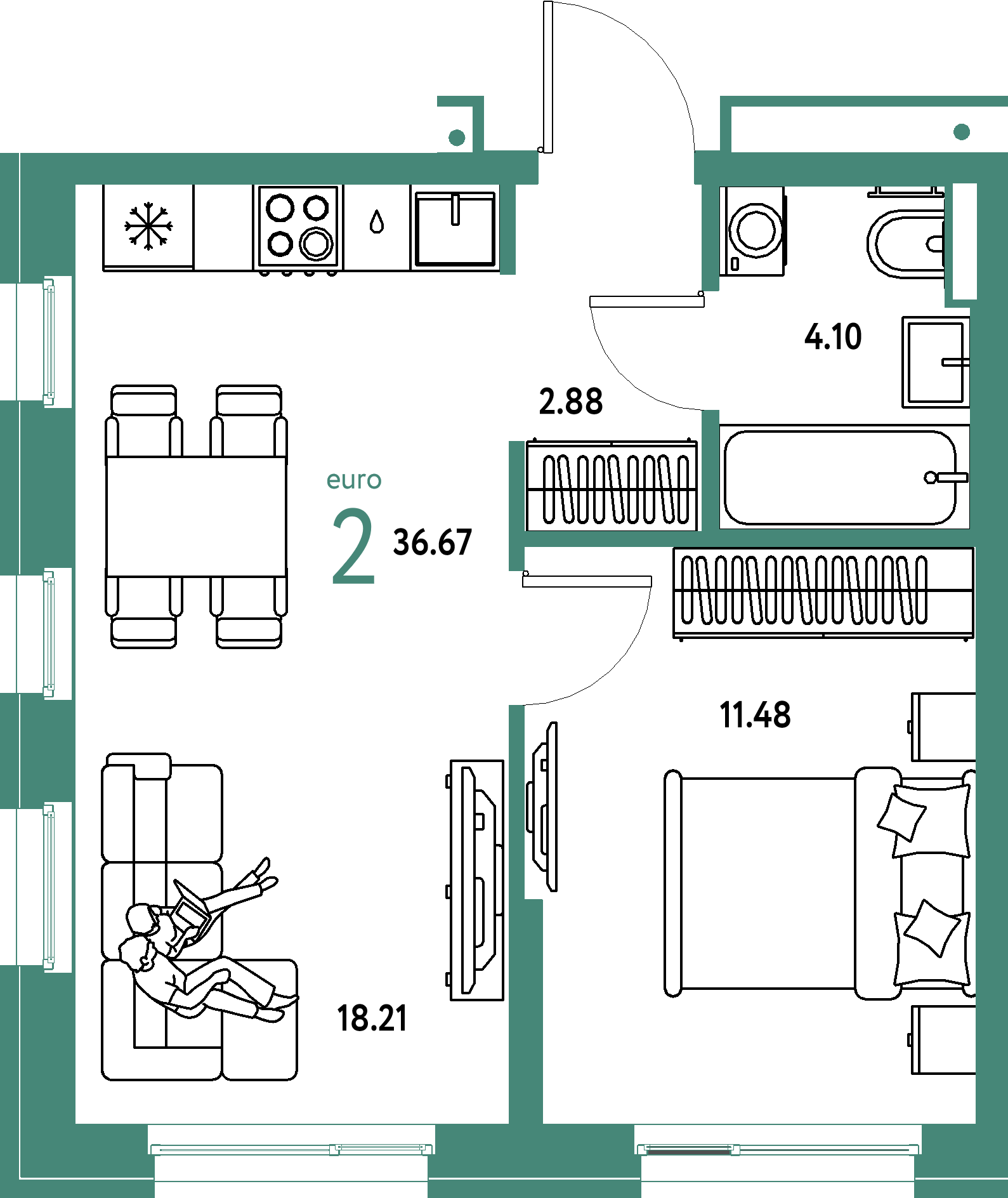 Планировка: Евродвушка 36,67 м² в ЖК «Домашний»