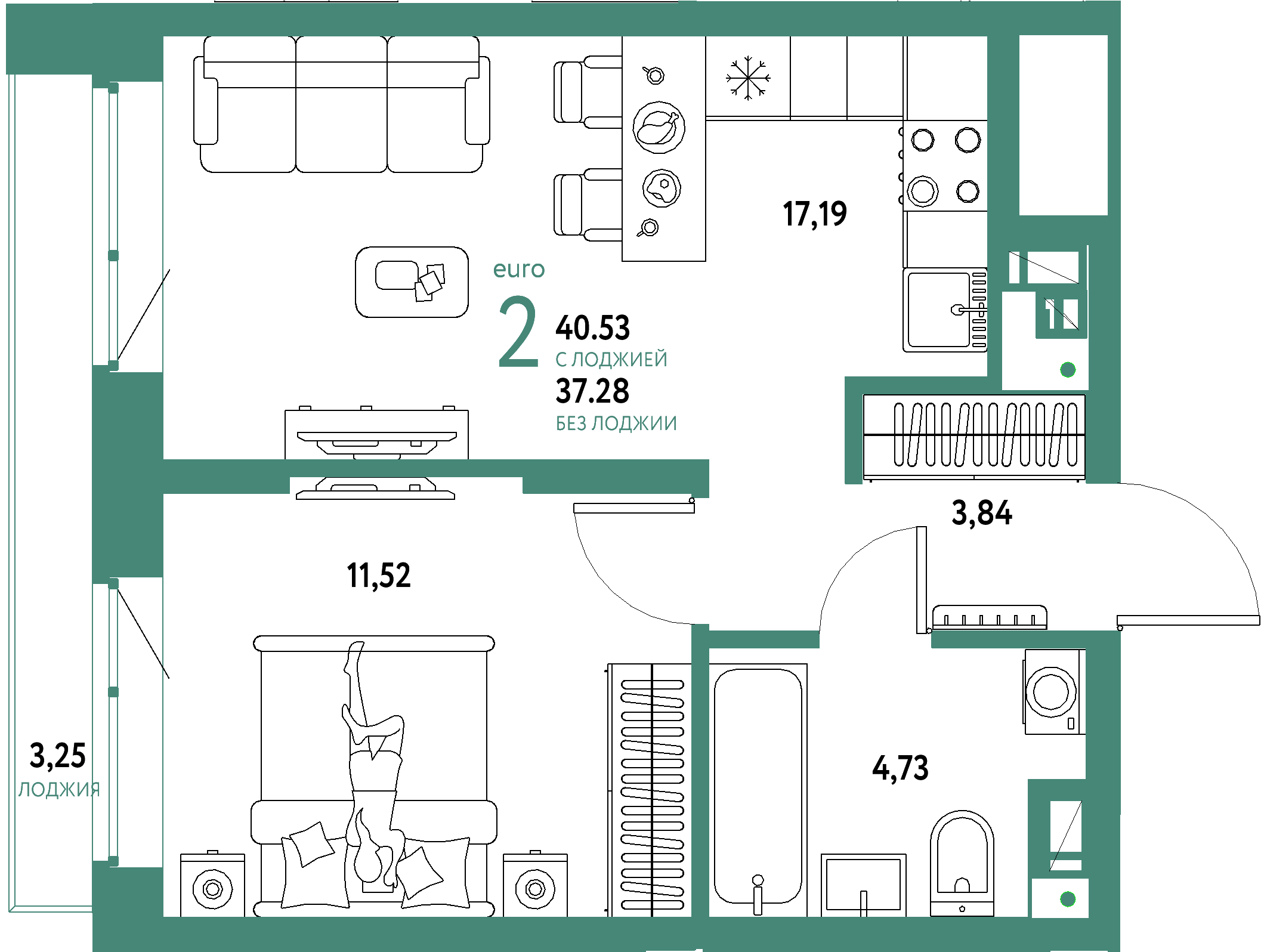 Планировка: Евродвушка 40,53 м² в ЖК «Авторский»