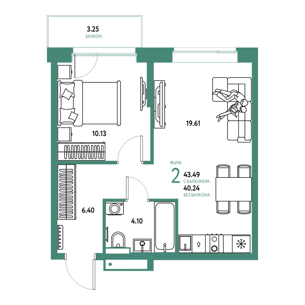 Планировка: Евродвушка 43,49 м²