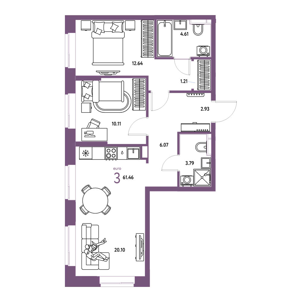 Планировка: Евротрёшка 61,46 м²