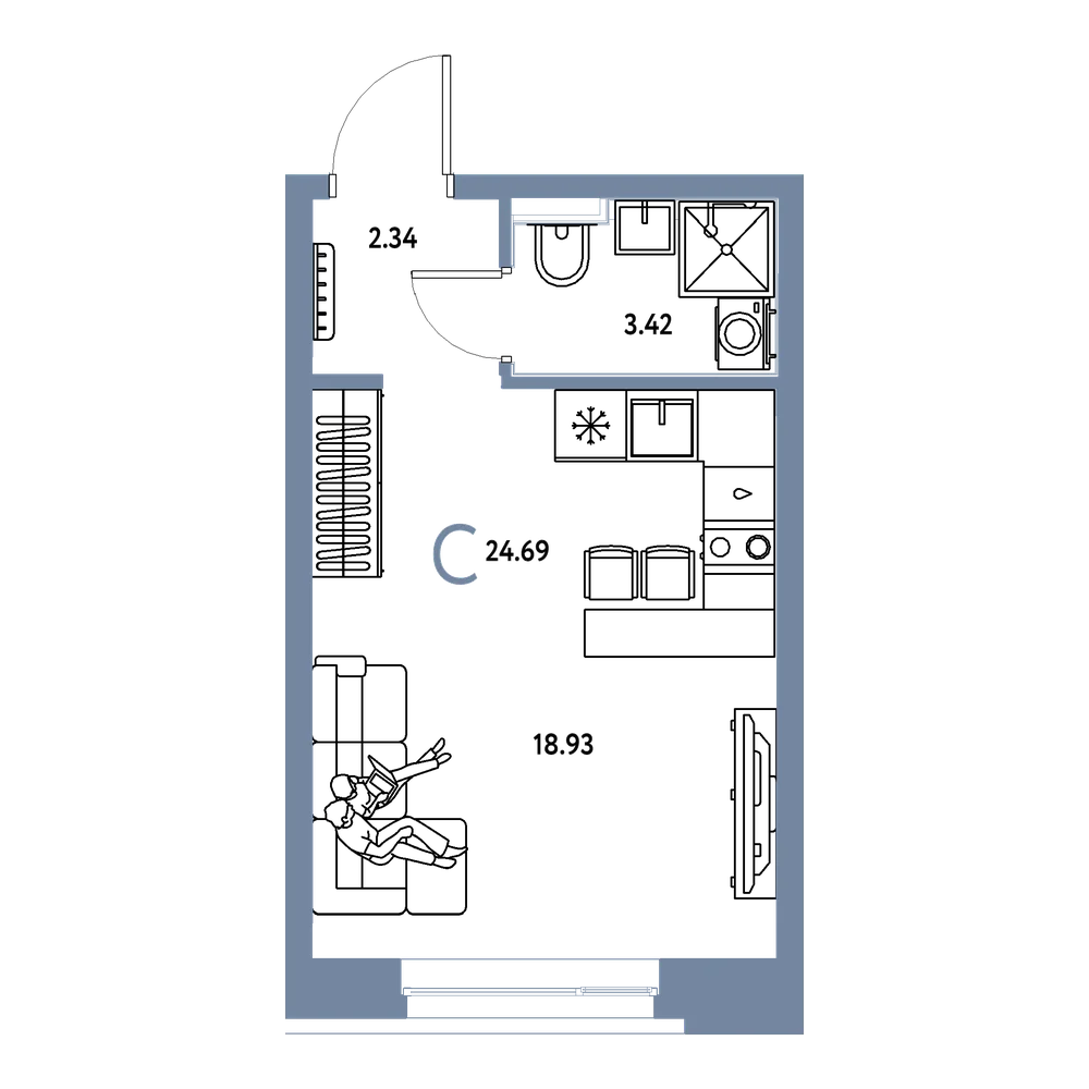 Планировка: Студия 24,69 м²