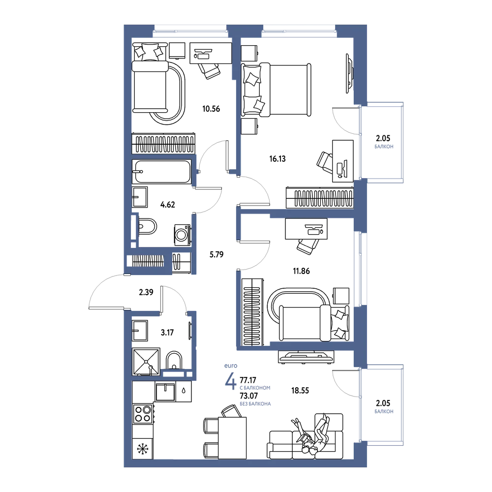 Планировка: Евро-4 77,17 м²