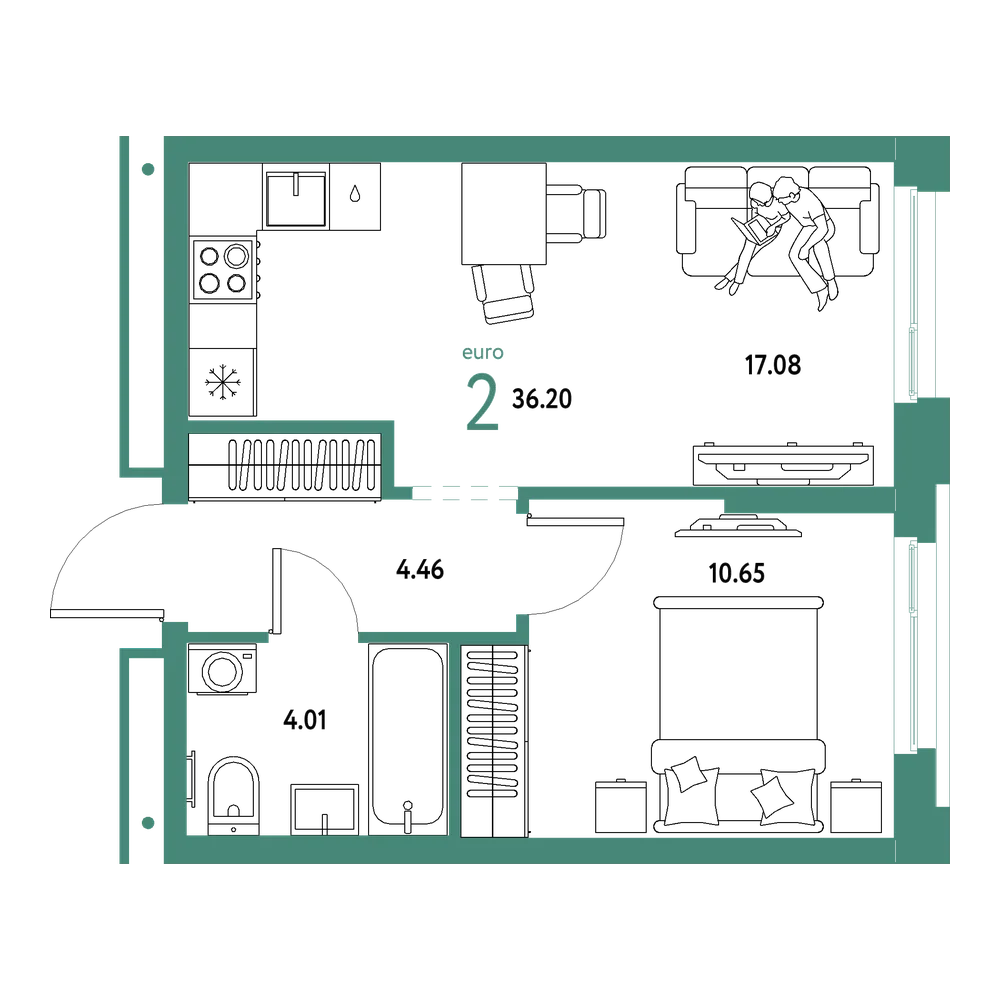 Планировка: Евродвушка 36,2 м²