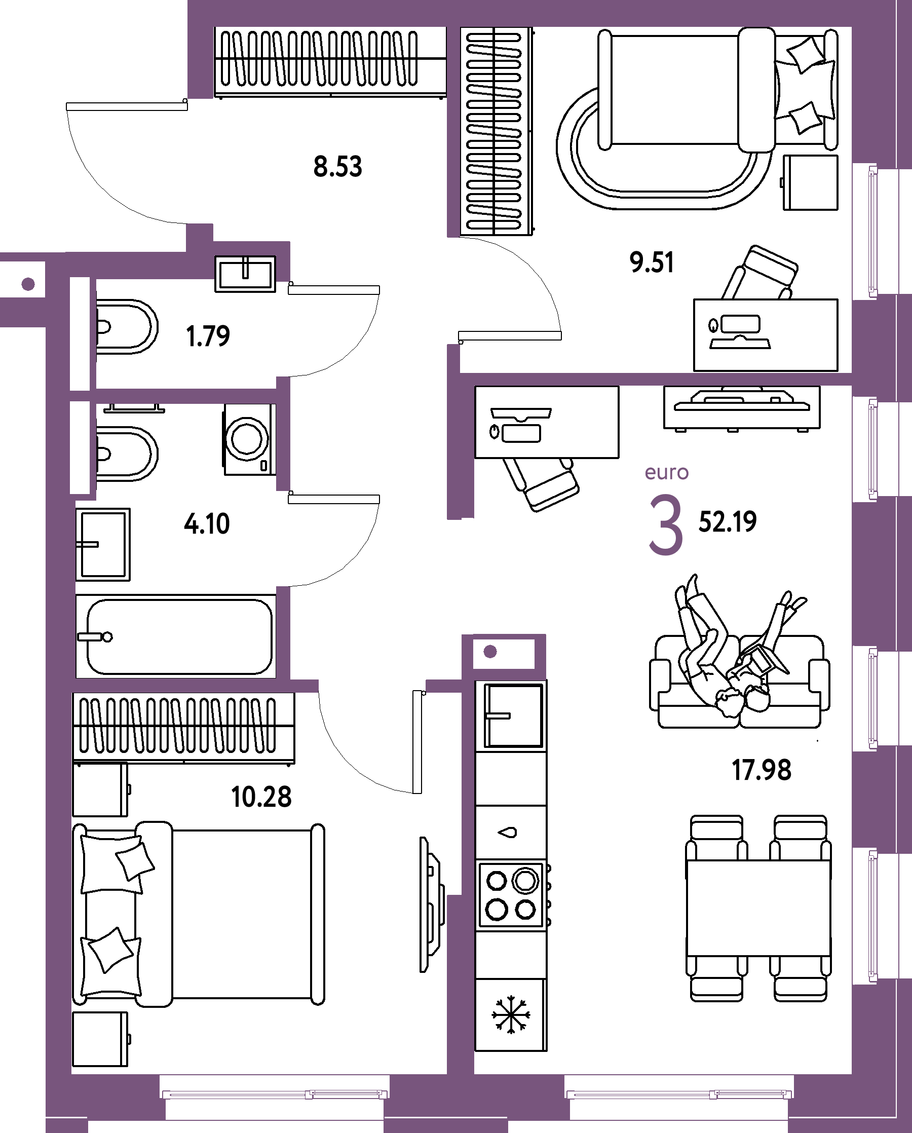Планировка: Евротрёшка 52,19 м² в ЖК «Домашний»