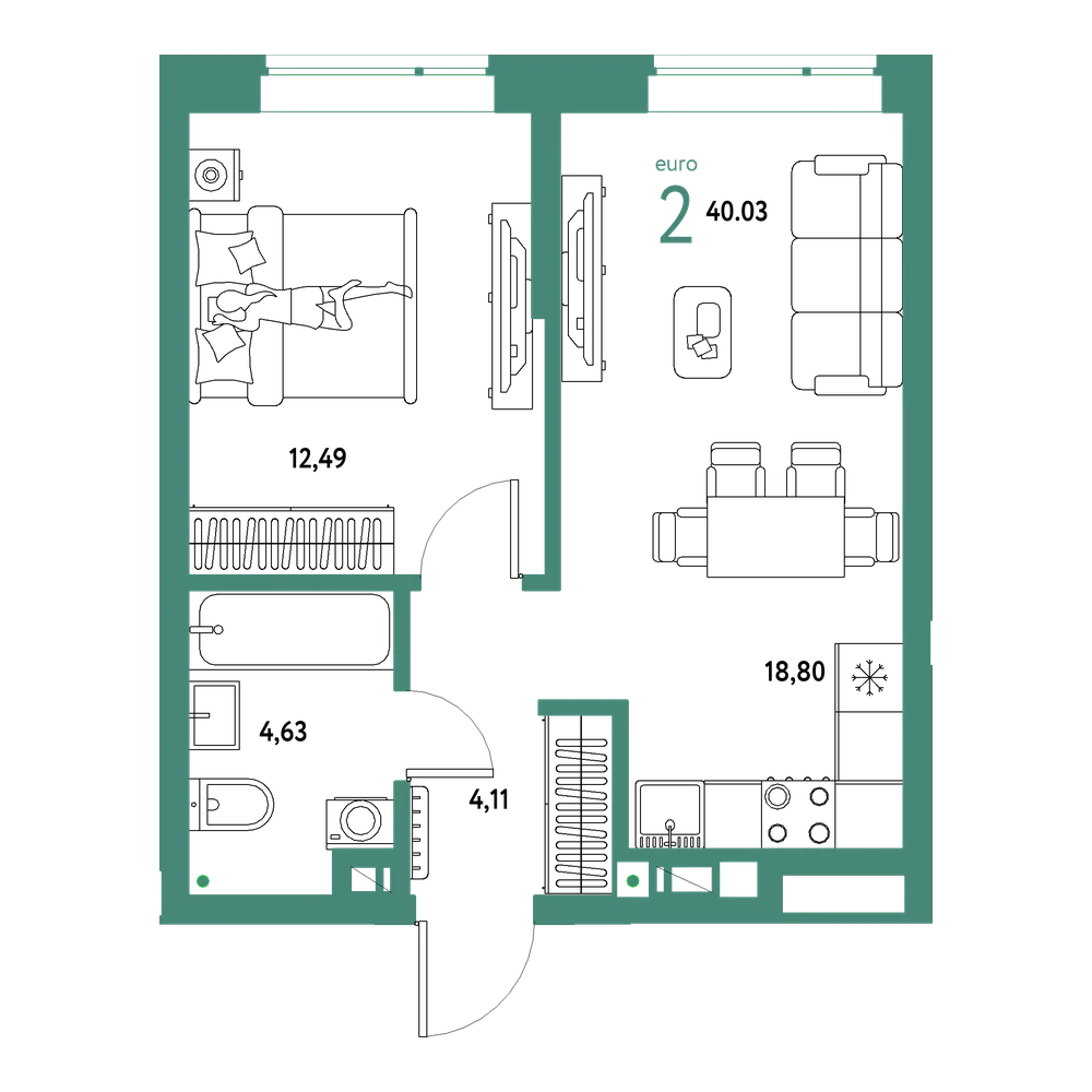 Планировка: Евродвушка 40,03 м²