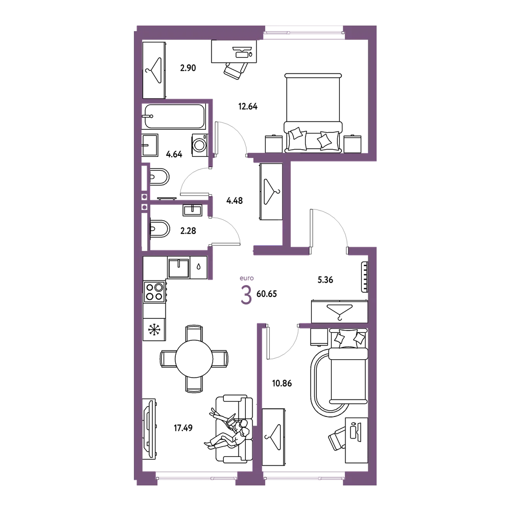Планировка: Евротрёшка 60,65 м²