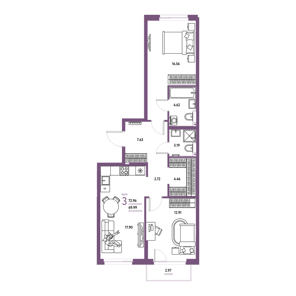 Планировка: Евротрёшка 72,96 м²