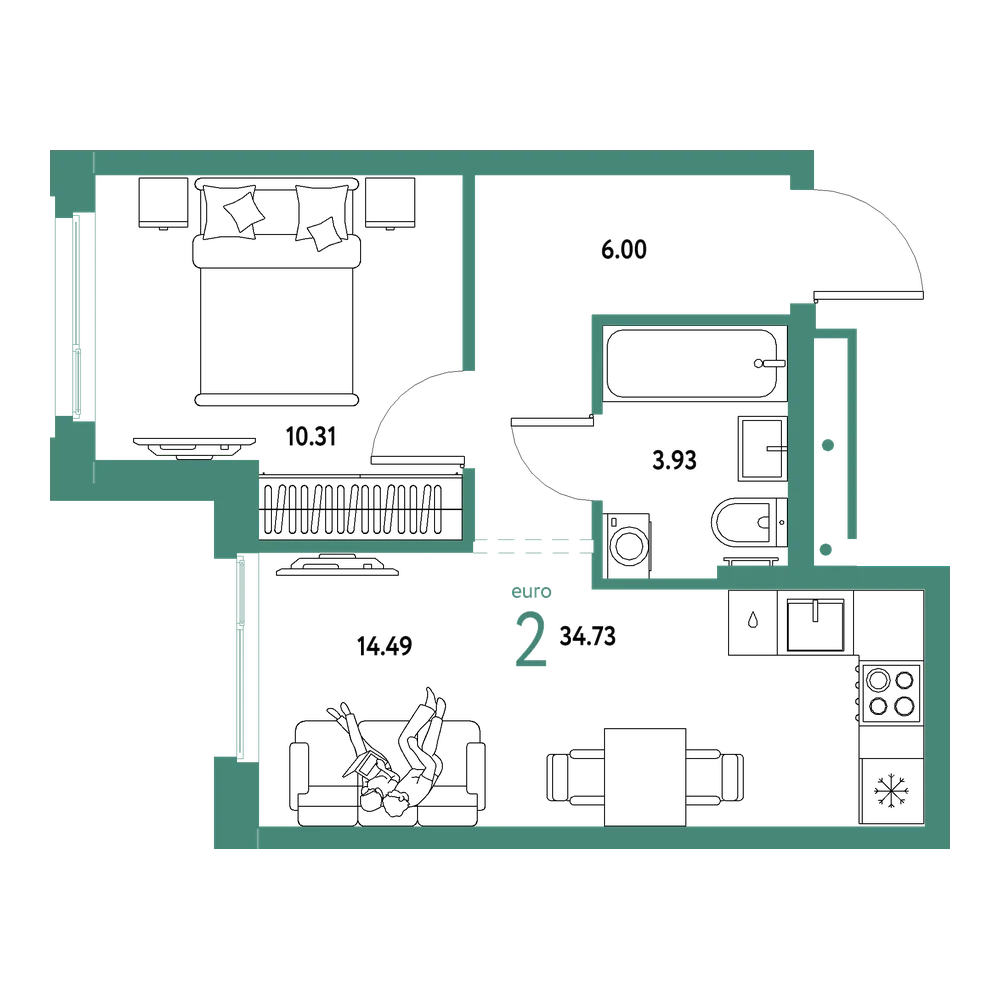 Планировка: Евродвушка 34,73 м²