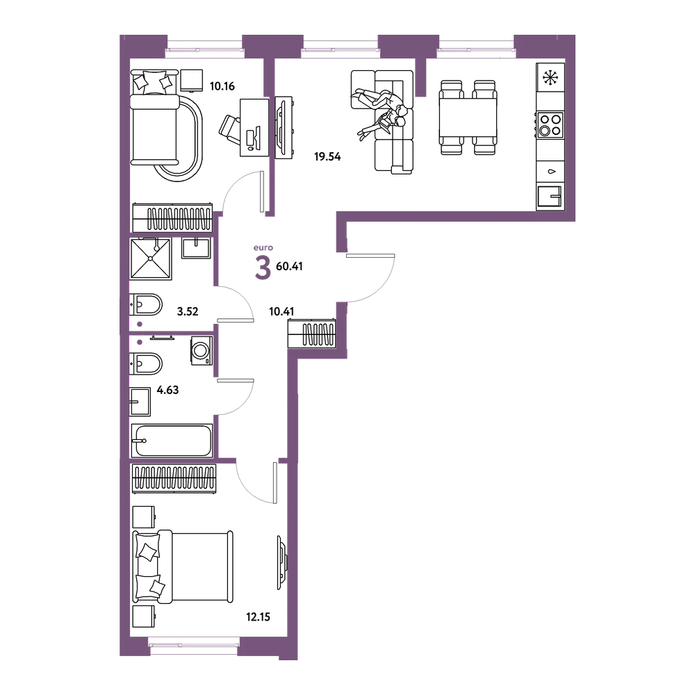 Планировка: Евротрёшка 60,41 м²