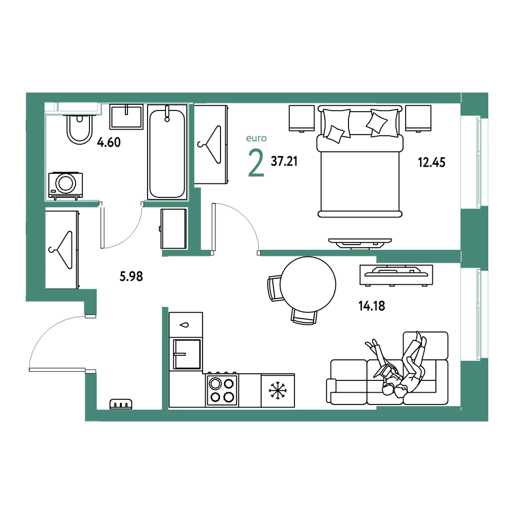 Планировка: Евродвушка 37,22 м²
