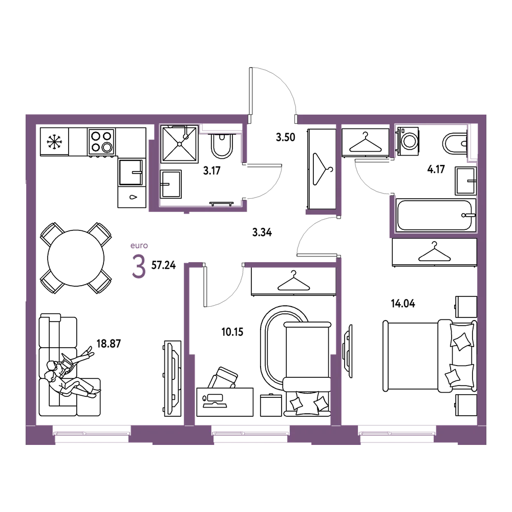 Планировка: Евротрёшка 57,24 м²