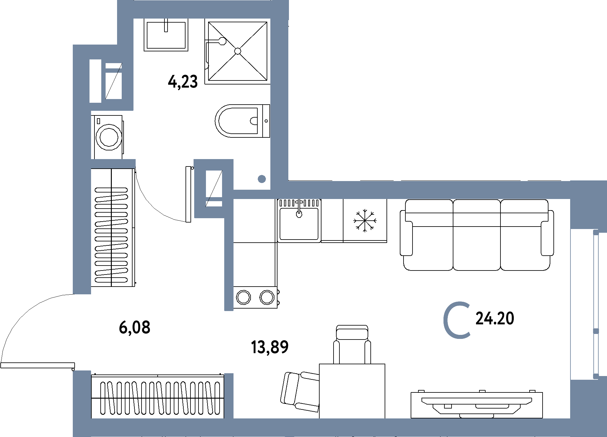 Планировка: Студия 24,2 м² в ЖК «Авторский»