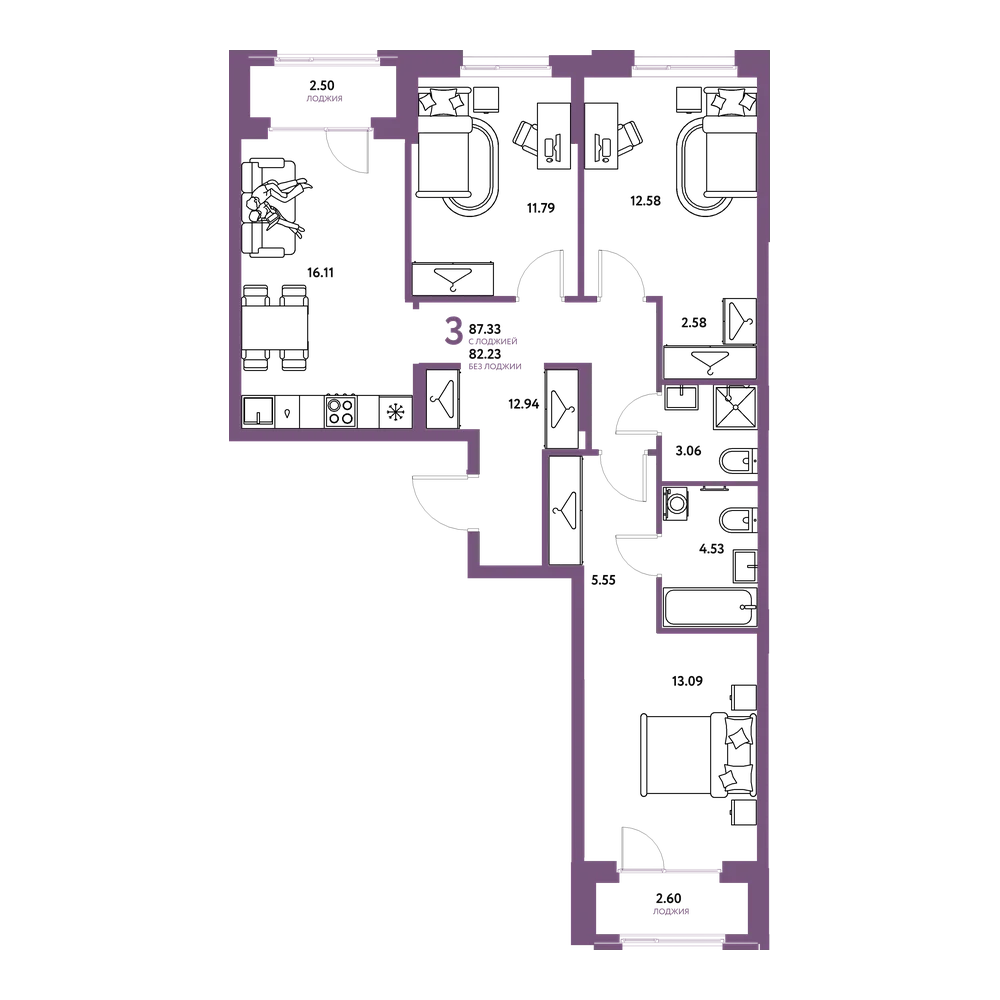 Планировка: 3-комнатная 87,33 м²
