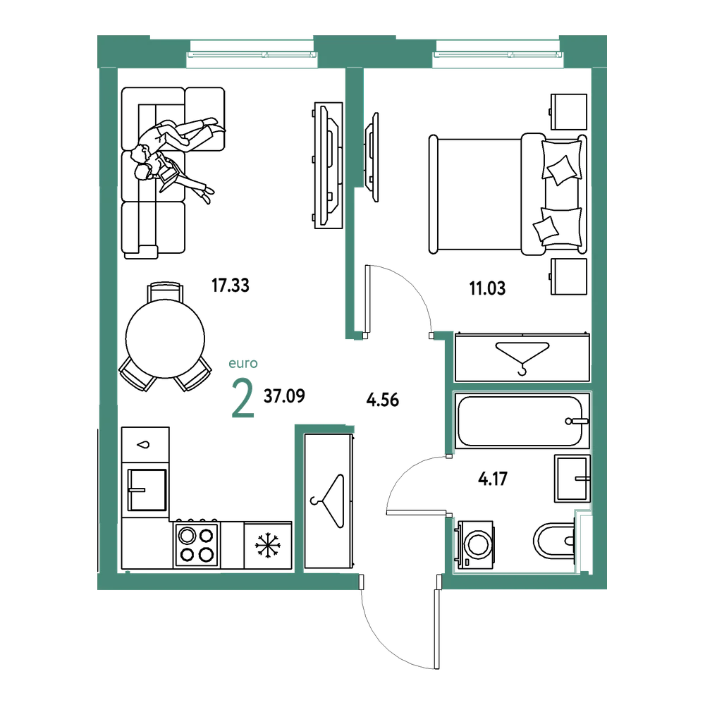 Планировка: Евродвушка 37,09 м²