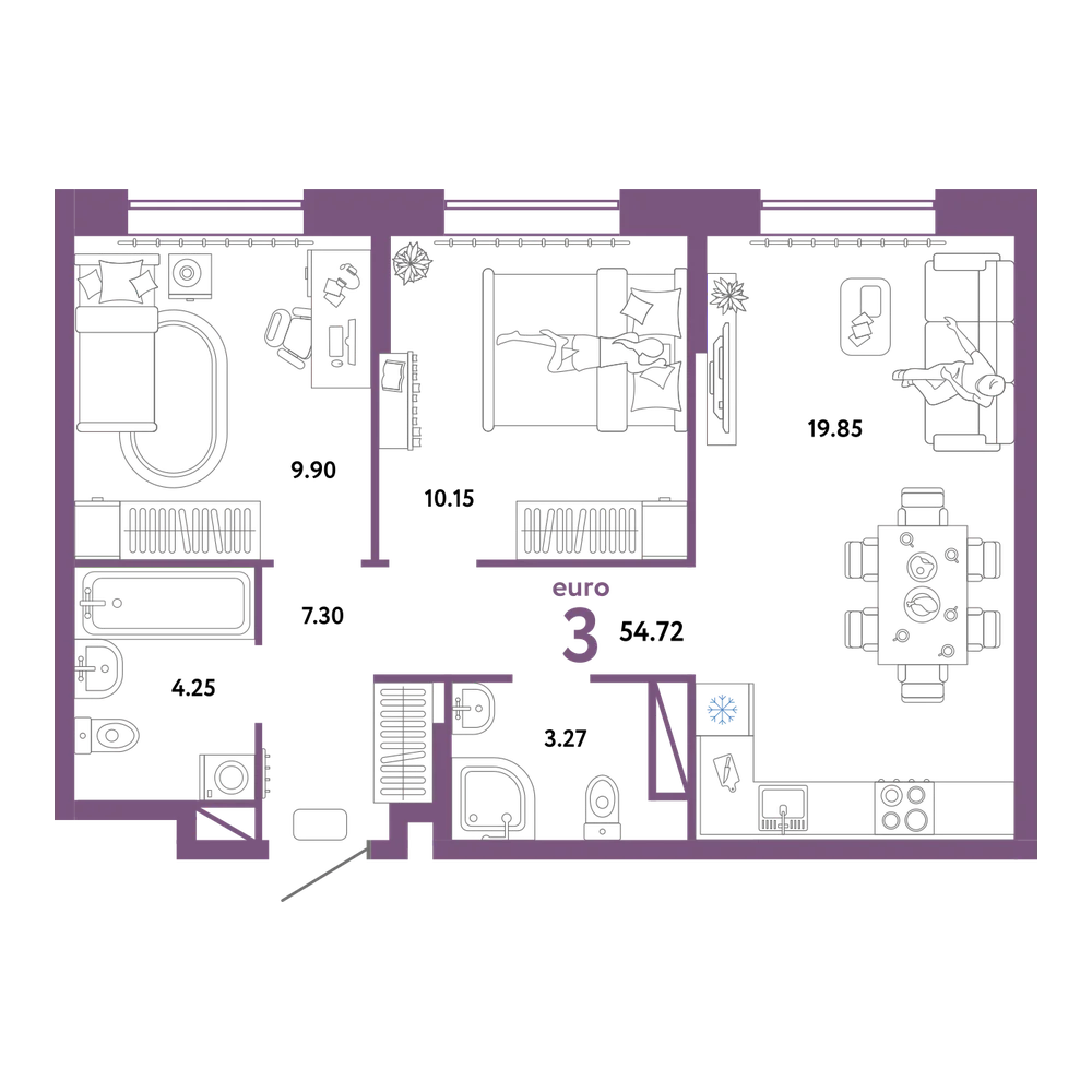 Планировка: Евротрёшка 54,72 м²