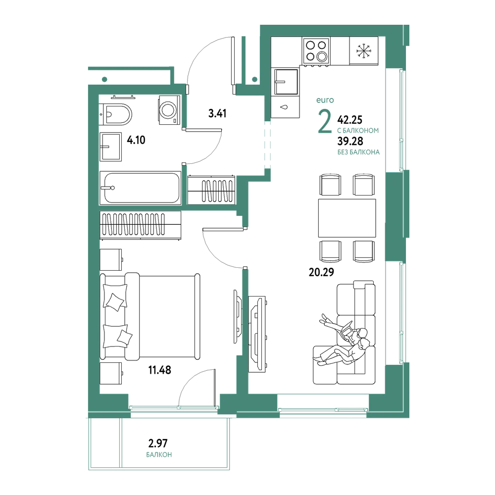 Планировка: Евродвушка 42,25 м²
