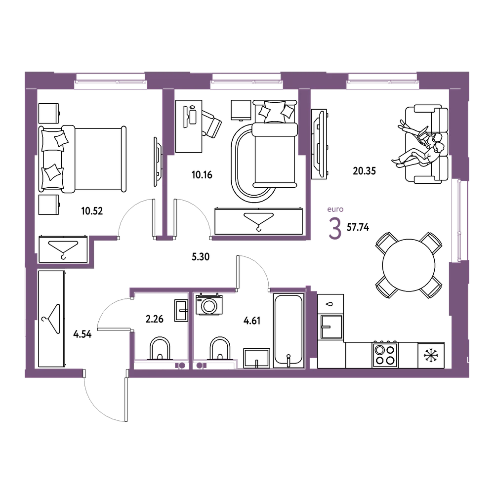 Планировка: Евротрёшка 57,74 м²