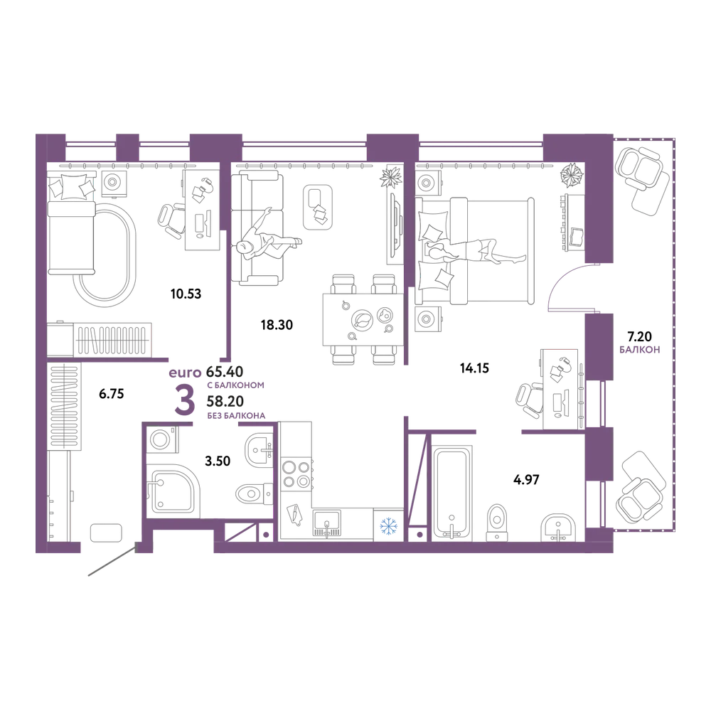 Планировка: Евротрёшка 65,4 м²