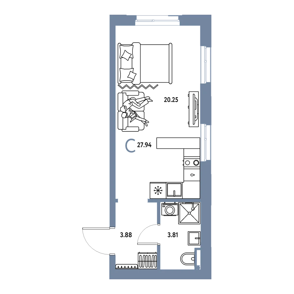 Планировка: Студия 27,94 м²