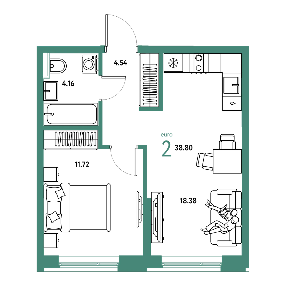 Планировка: Евродвушка 38,8 м²