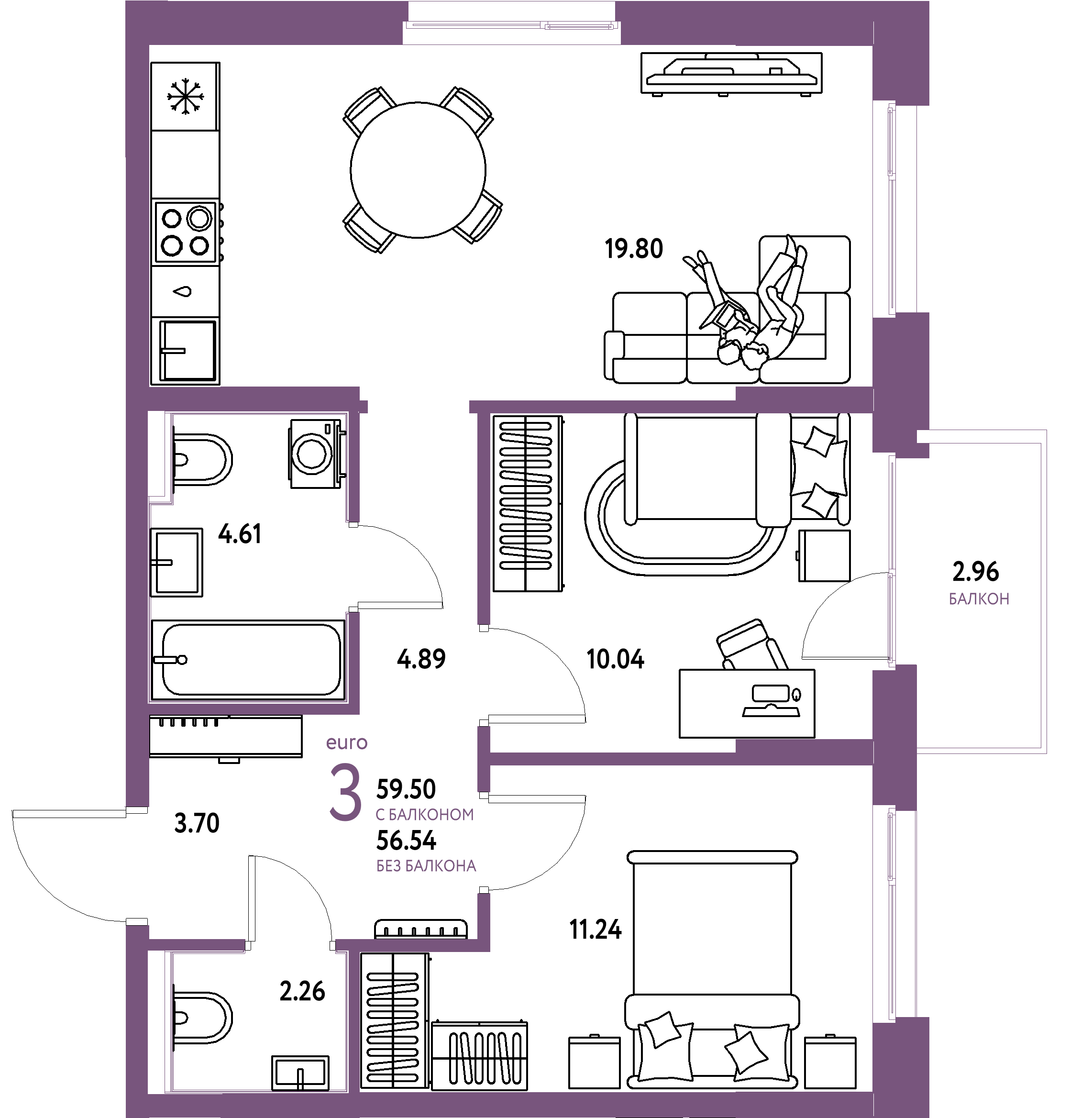 Планировка: Евротрёшка 59,22 м² в ЖК «Домашний»