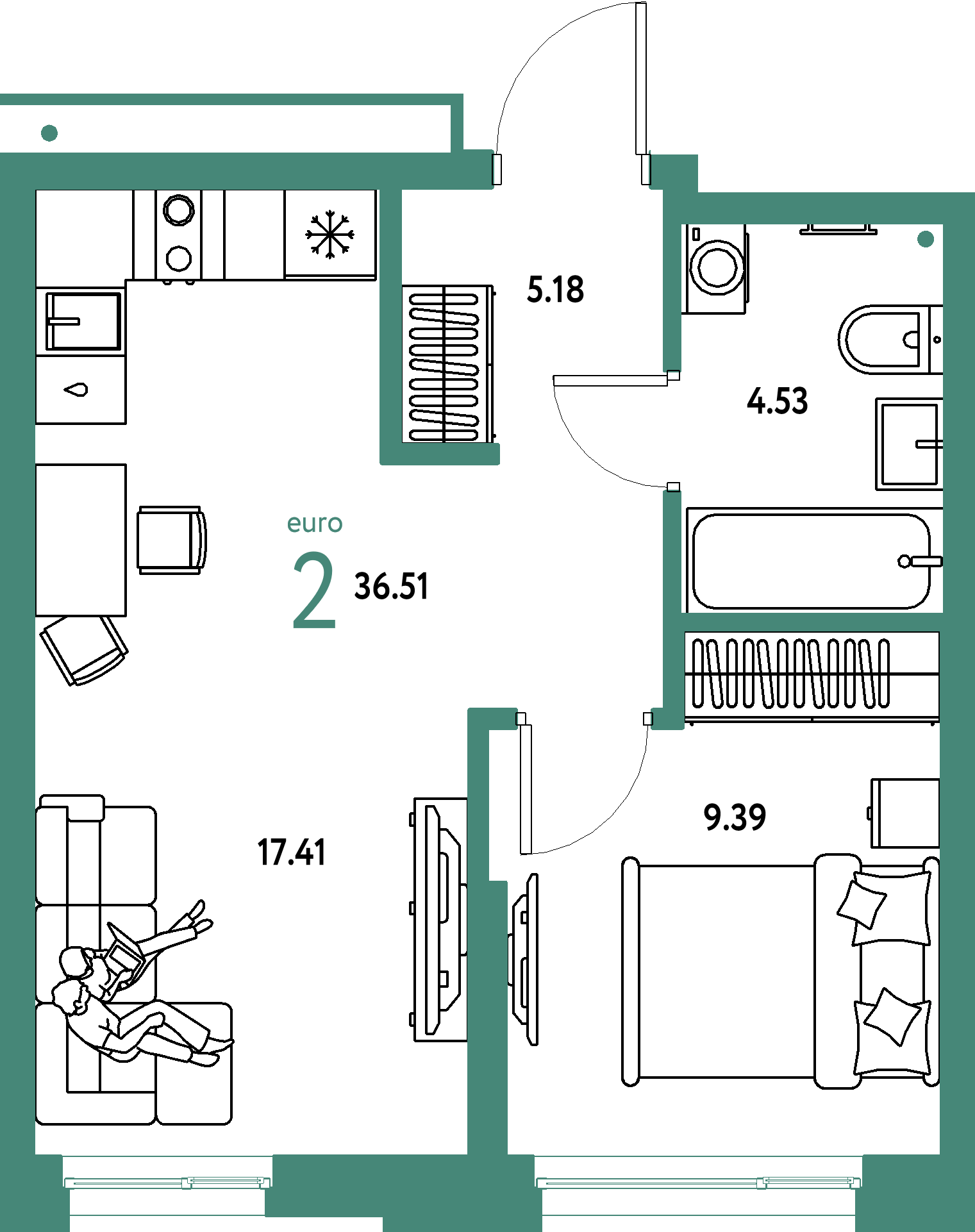 Планировка: Евродвушка 36,51 м² в ЖК «Домашний»