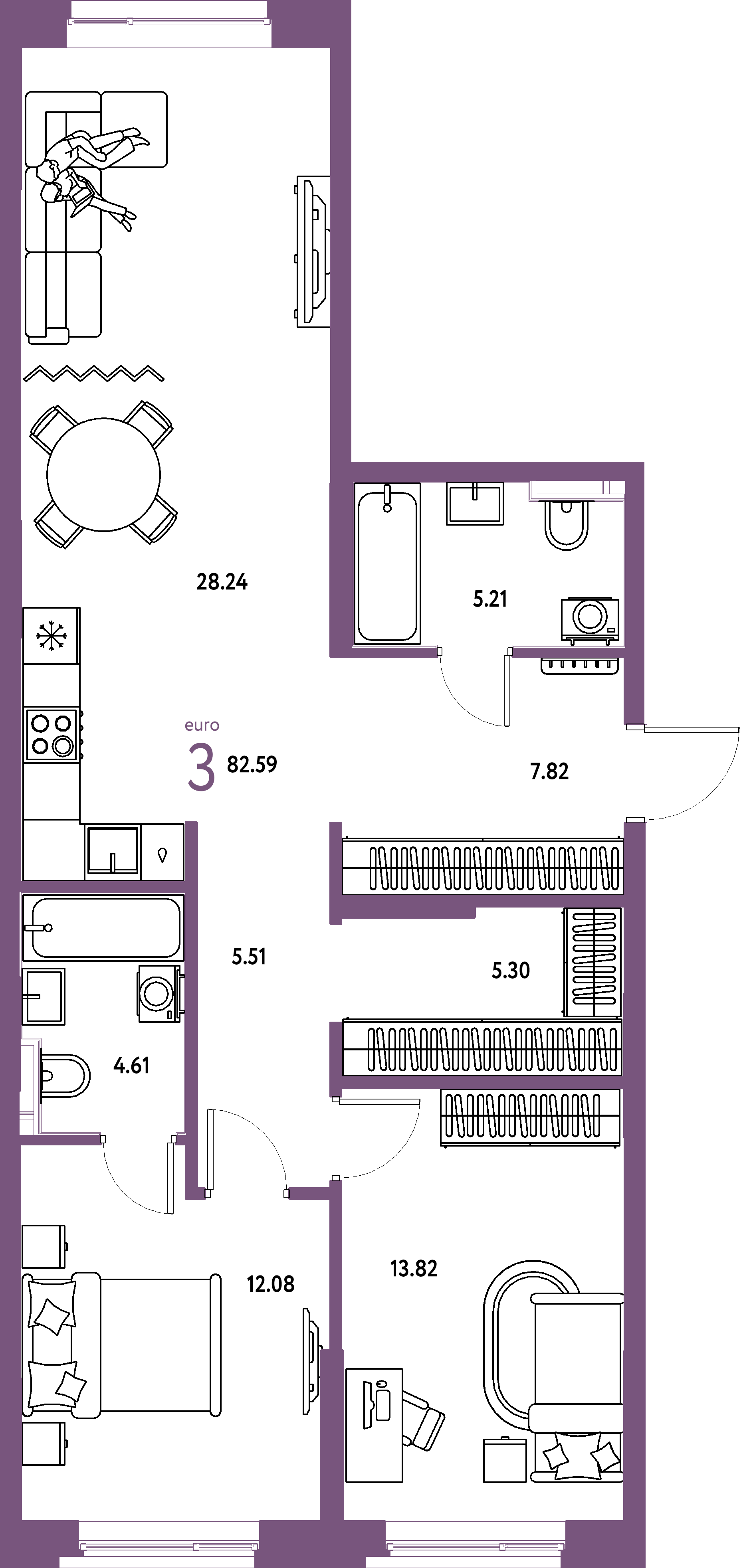 Планировка: Евротрёшка 82,61 м² в ЖК «Остров-сад»