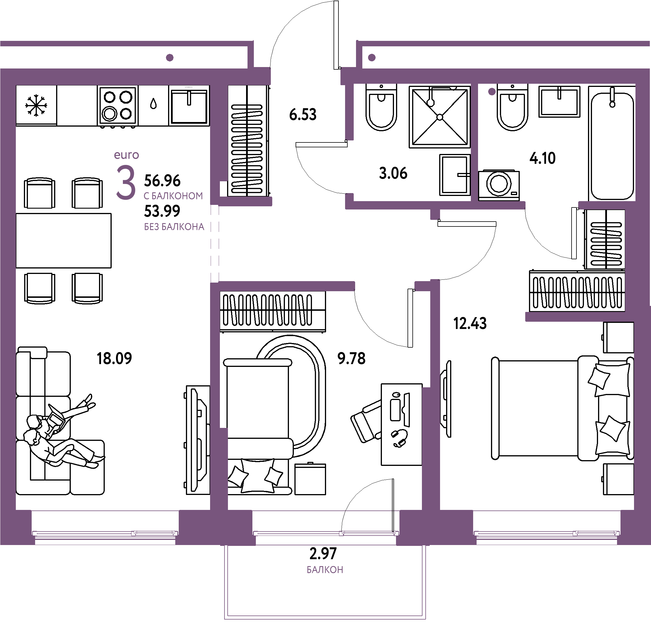Планировка: Евротрёшка 56,96 м² в ЖК «Домашний»