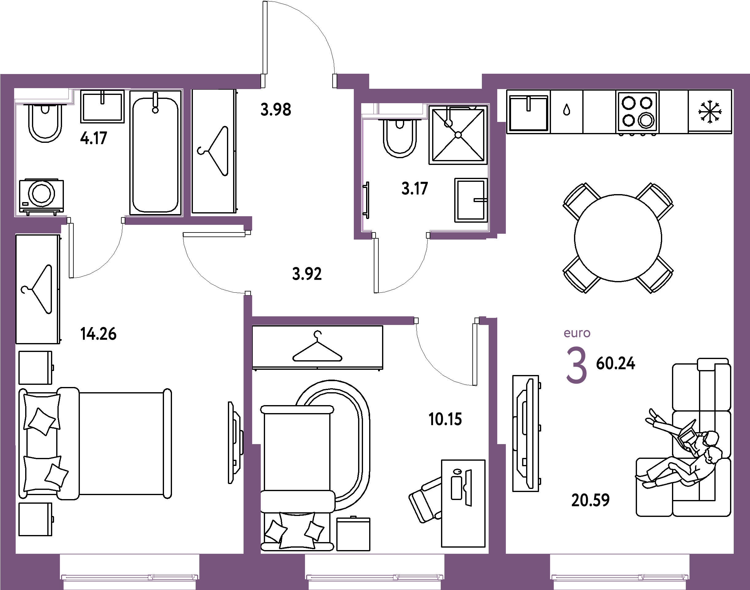 Планировка: Евротрёшка 60,24 м² в ЖК «Европейский берег 2.0»