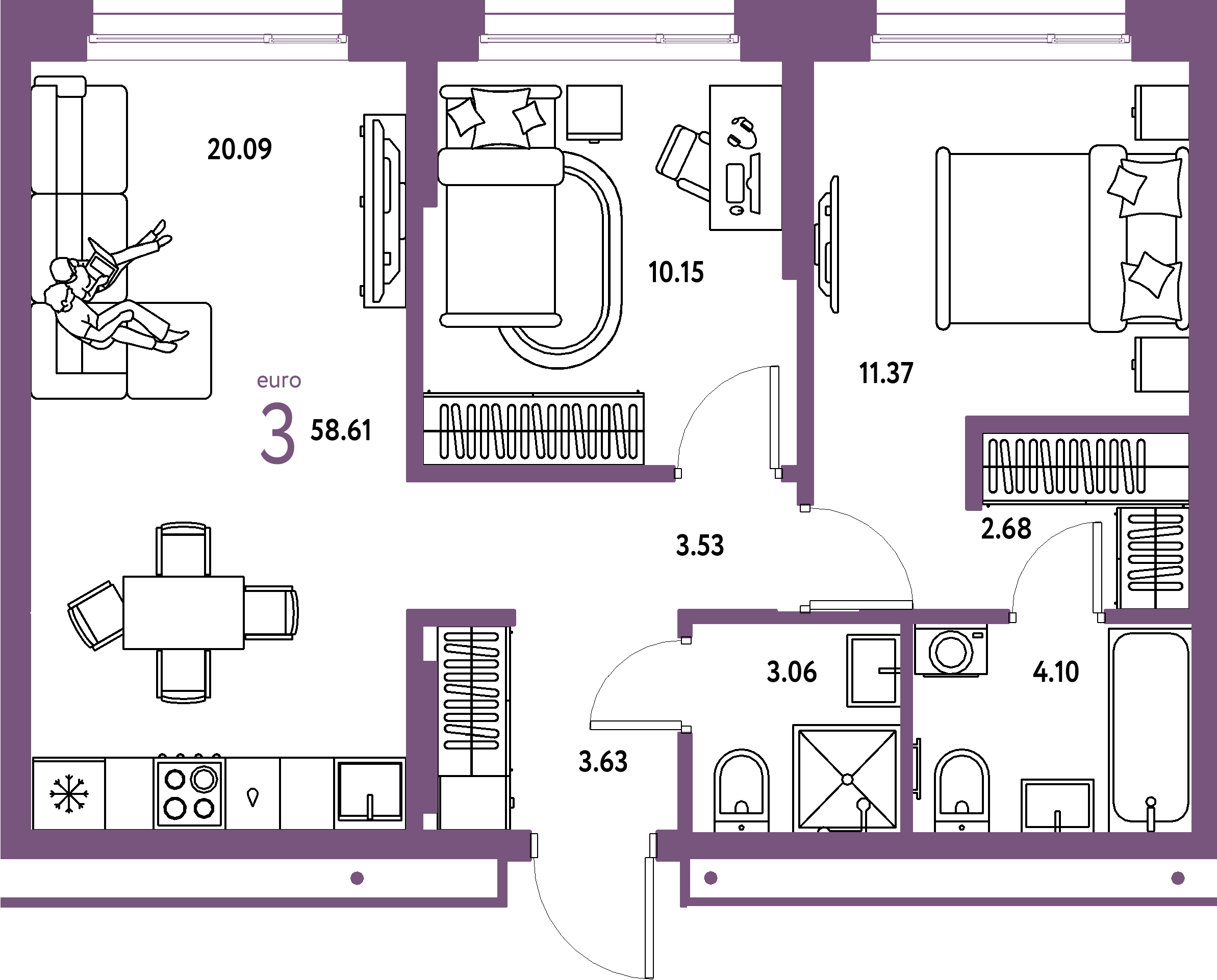 Планировка: Евротрёшка 58,61 м² в ЖК «Домашний»