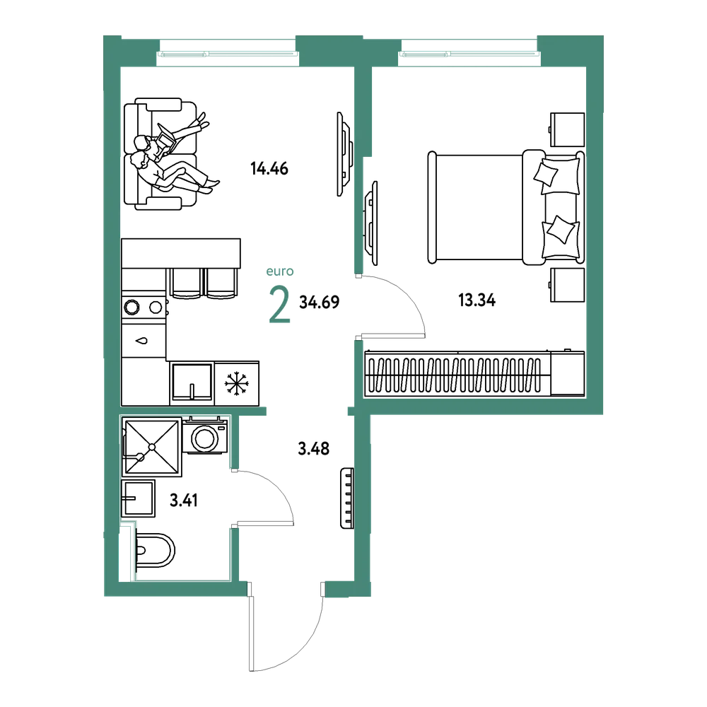 Планировка: Евродвушка 34,69 м²