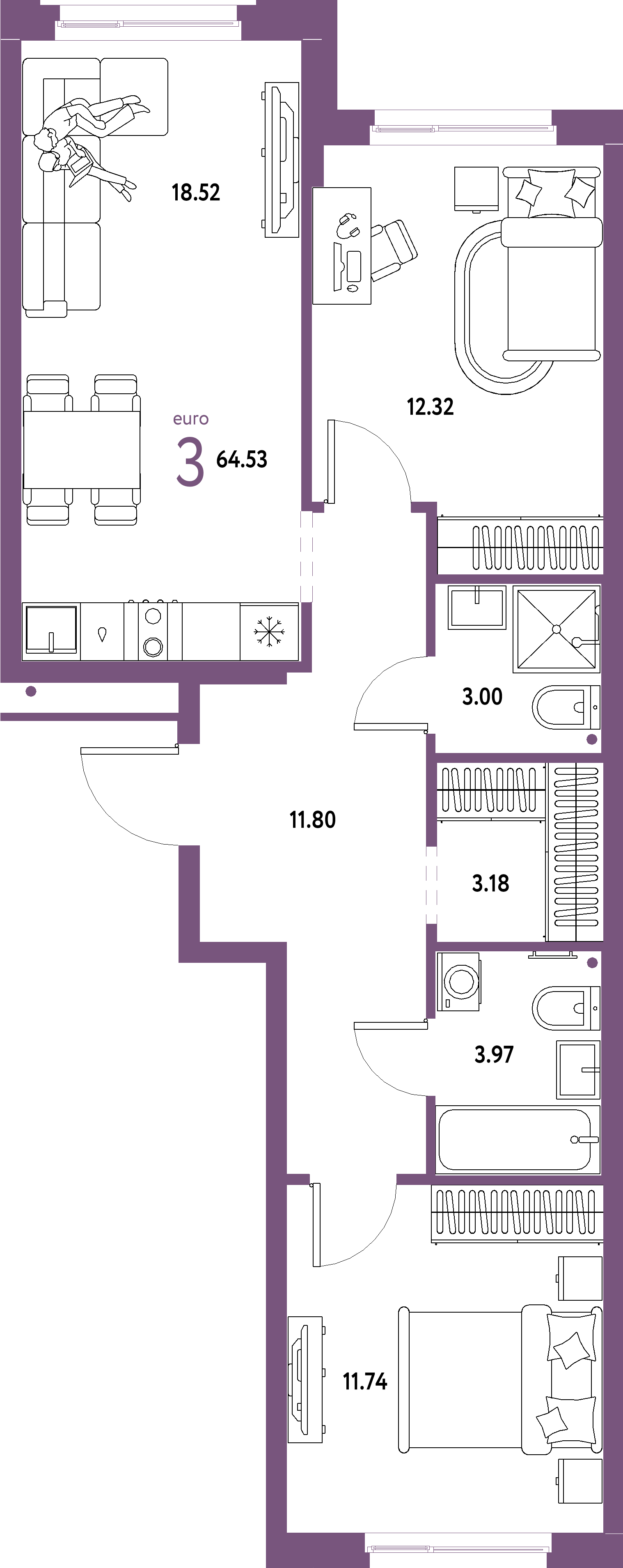 Планировка: Евротрёшка 64,53 м² в ЖК «Домашний»