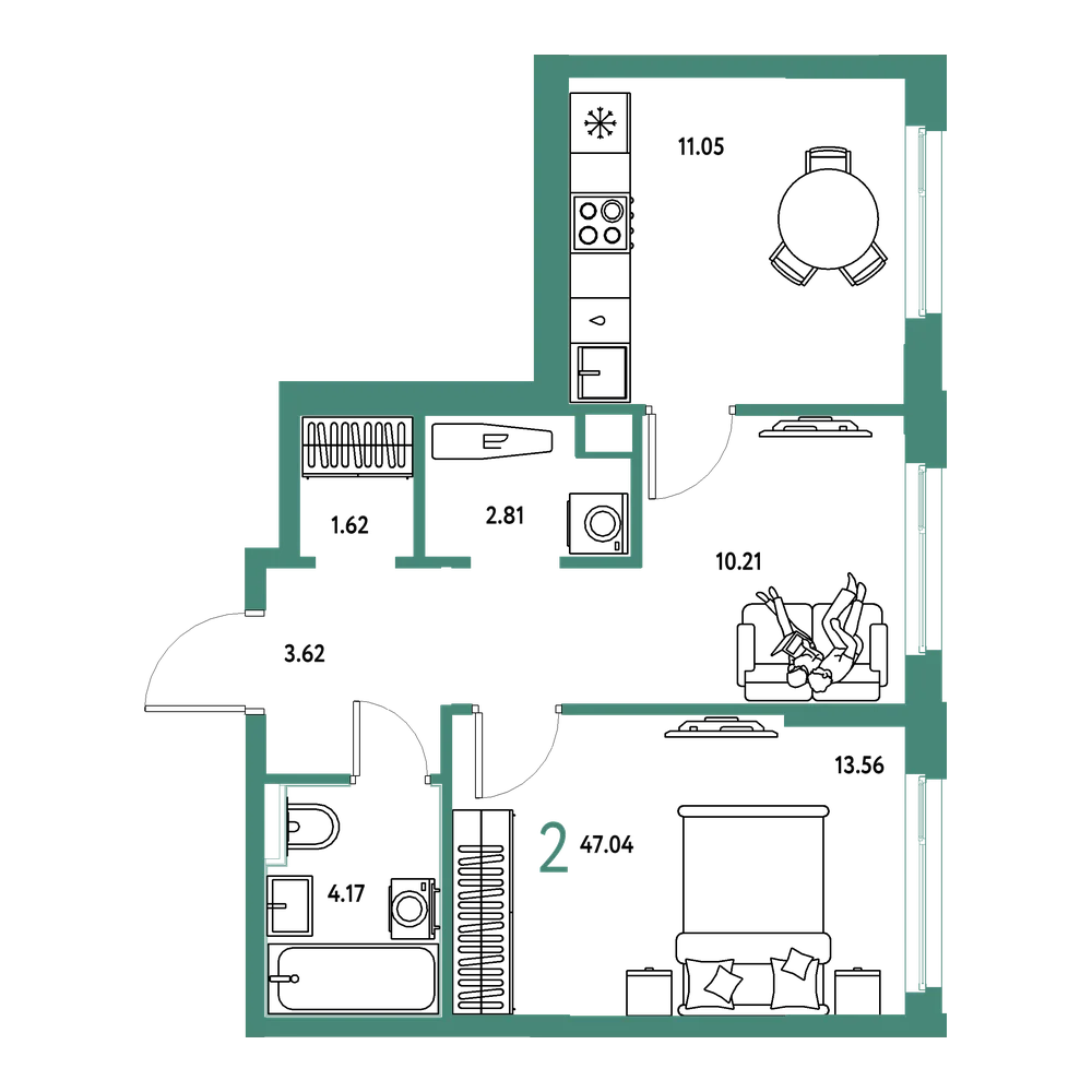 Планировка: 2-комнатная 47,04 м²