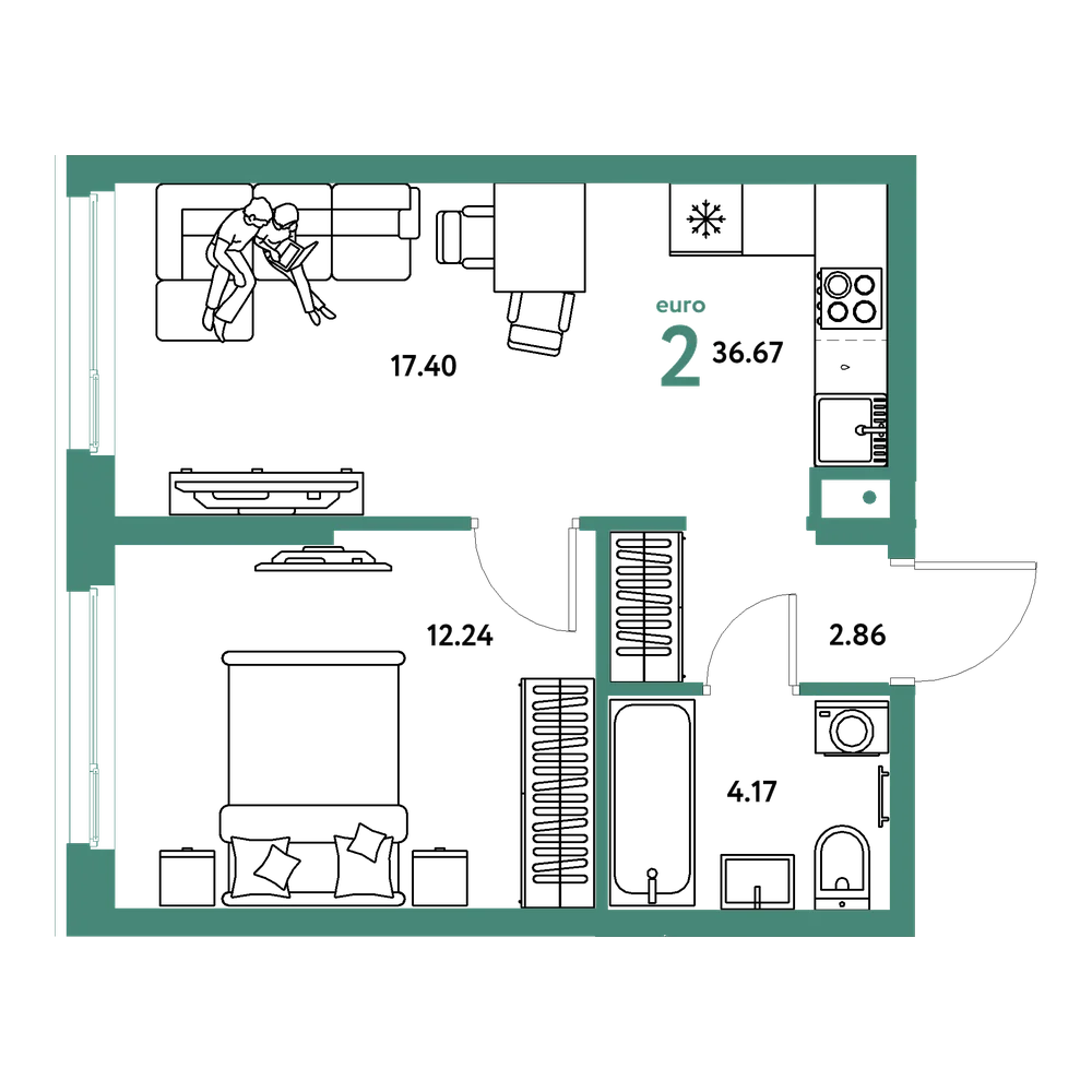 Планировка: Евродвушка 36,67 м²