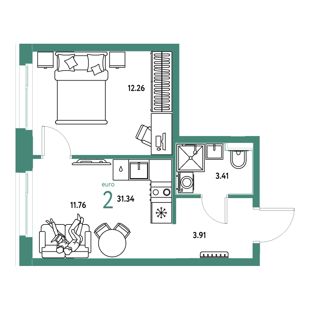 Планировка: Евродвушка 31,34 м²