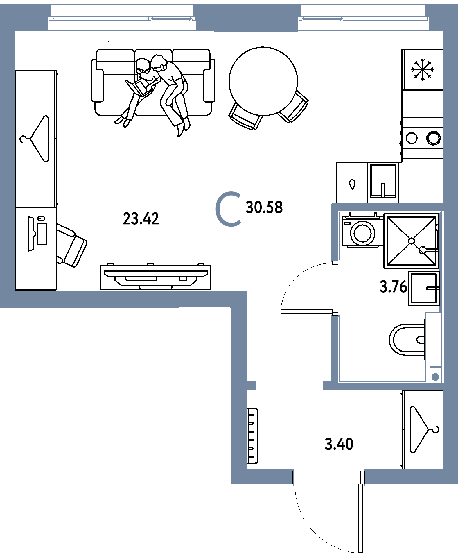Планировка: Студия 30,58 м² в ЖК «Страна.Прибрежная»