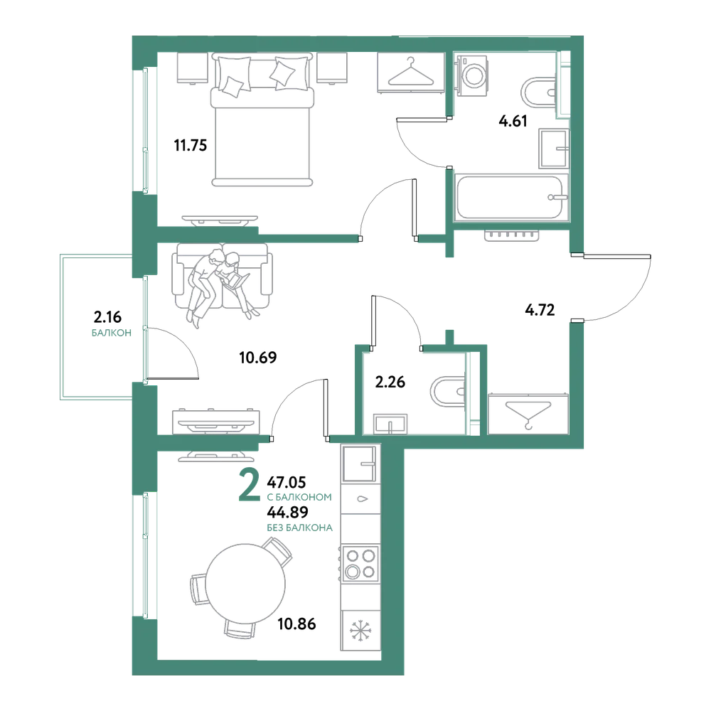 Планировка: 2-комнатная 47,05 м²