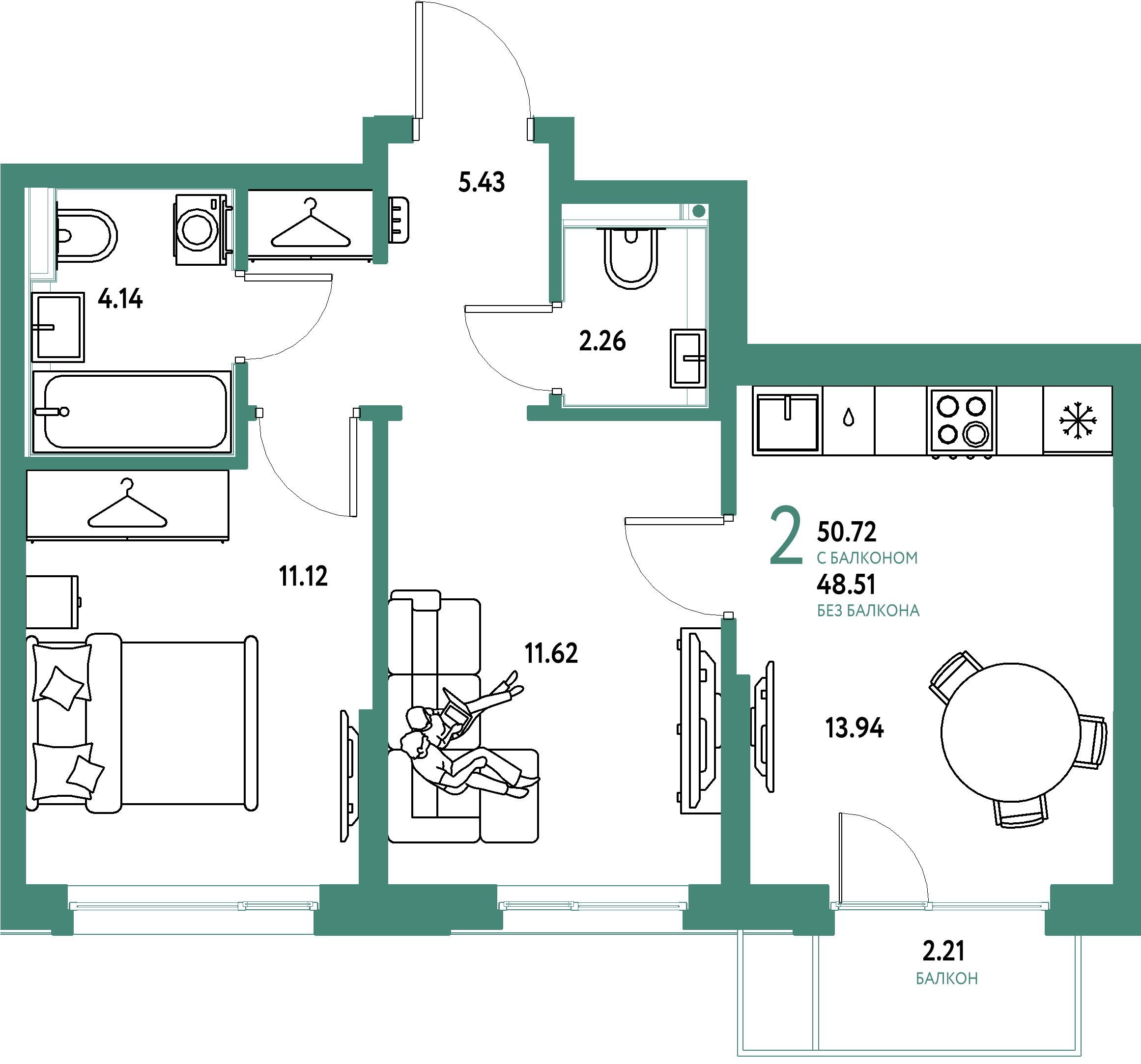 Планировка: 2-комнатная 50,72 м² в ЖК «Страна.Прибрежная»