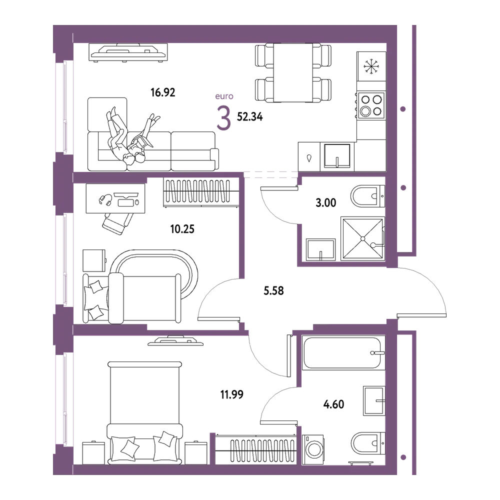 Планировка: Евротрёшка 52,34 м²