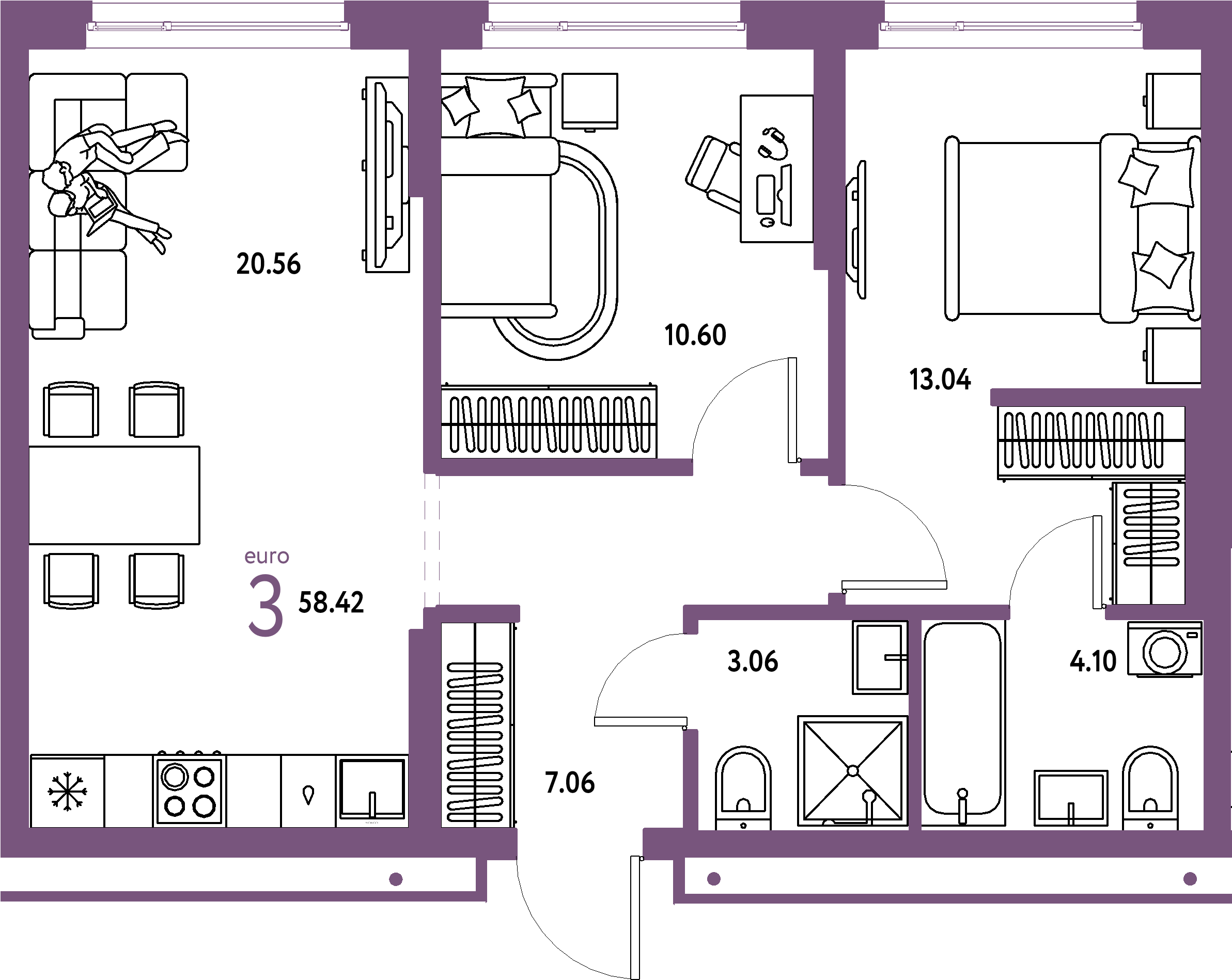 Планировка: Евротрёшка 58,42 м² в ЖК «Домашний»