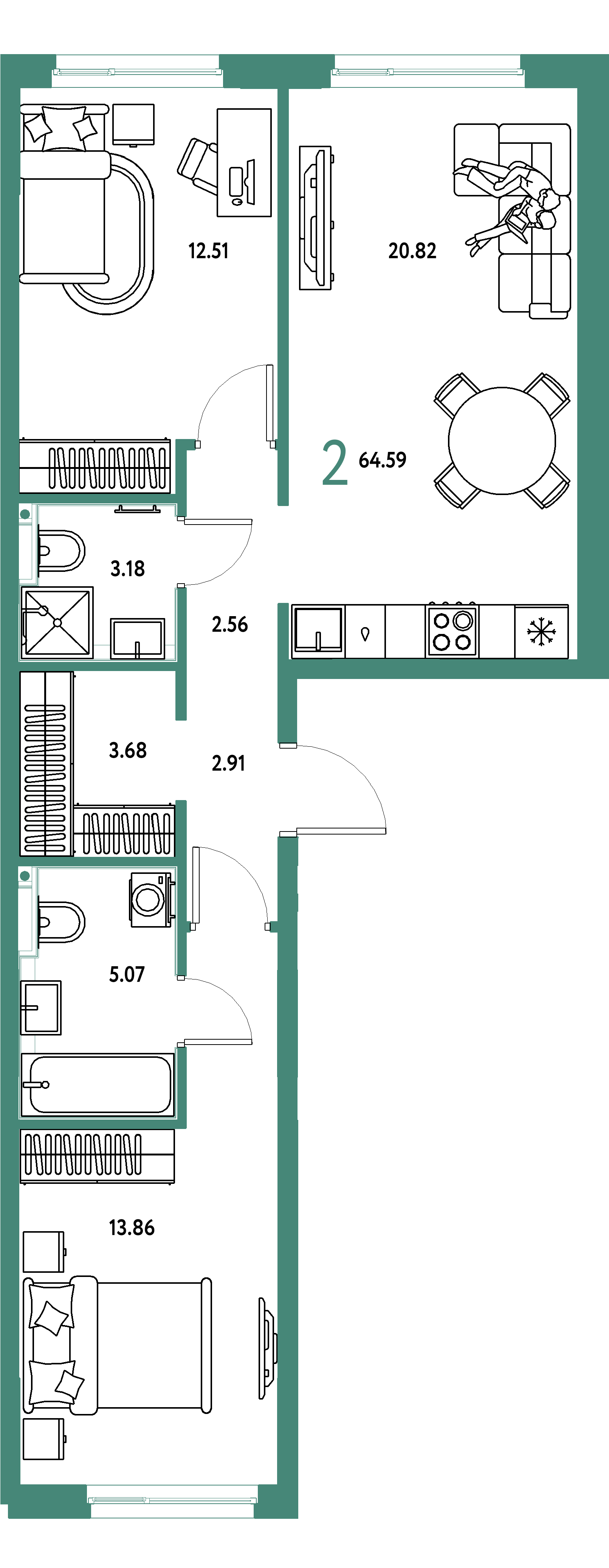 Планировка: 2-комнатная 64,59 м² в ЖК «Сердце Сибири»