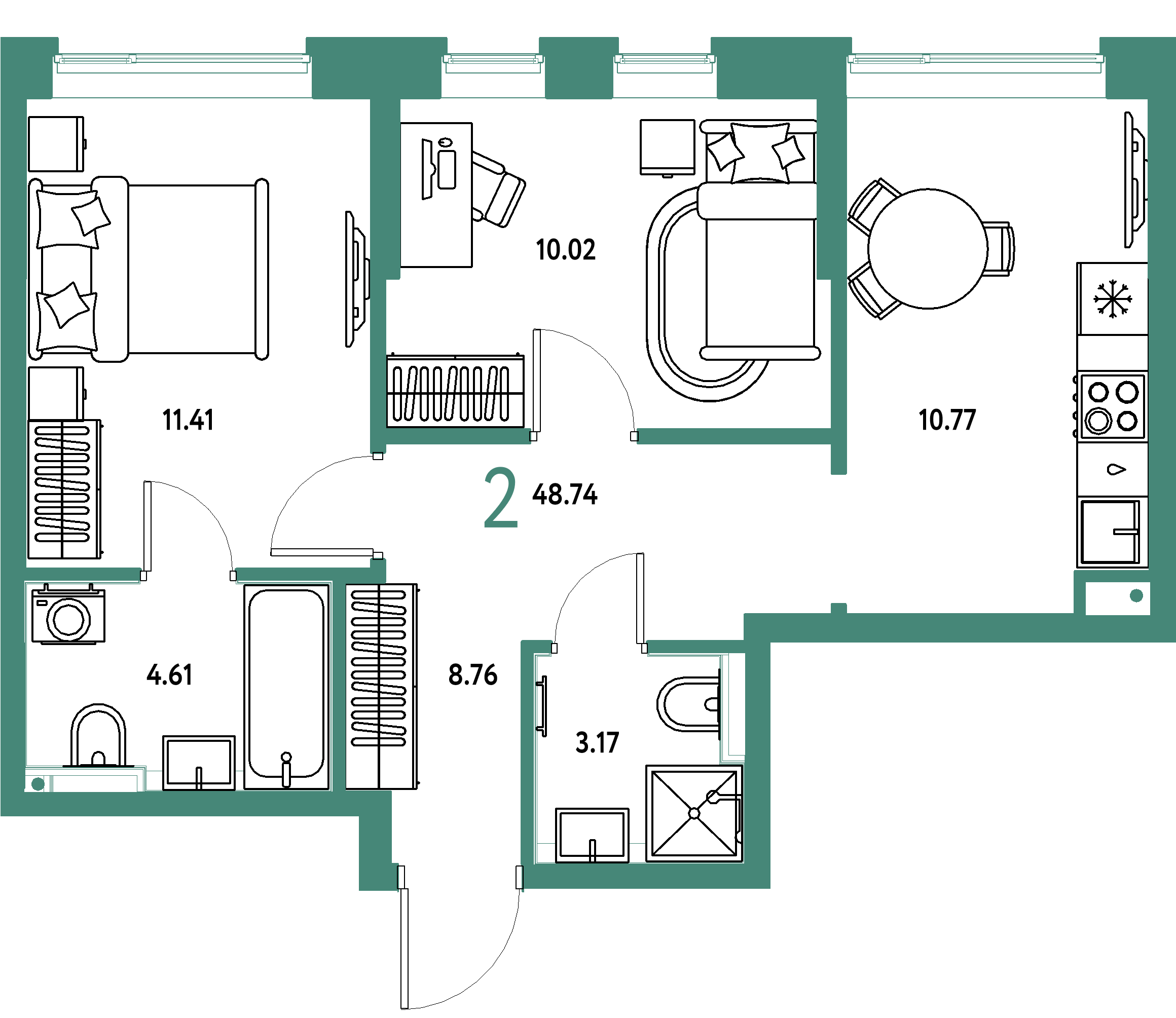 Планировка: 2-комнатная 48,74 м² в ЖК «Остров-сад»