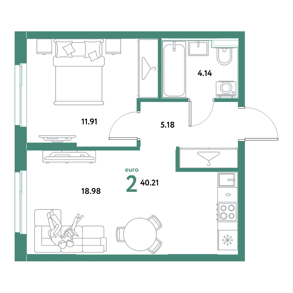 Планировка: Евродвушка 40,21 м²