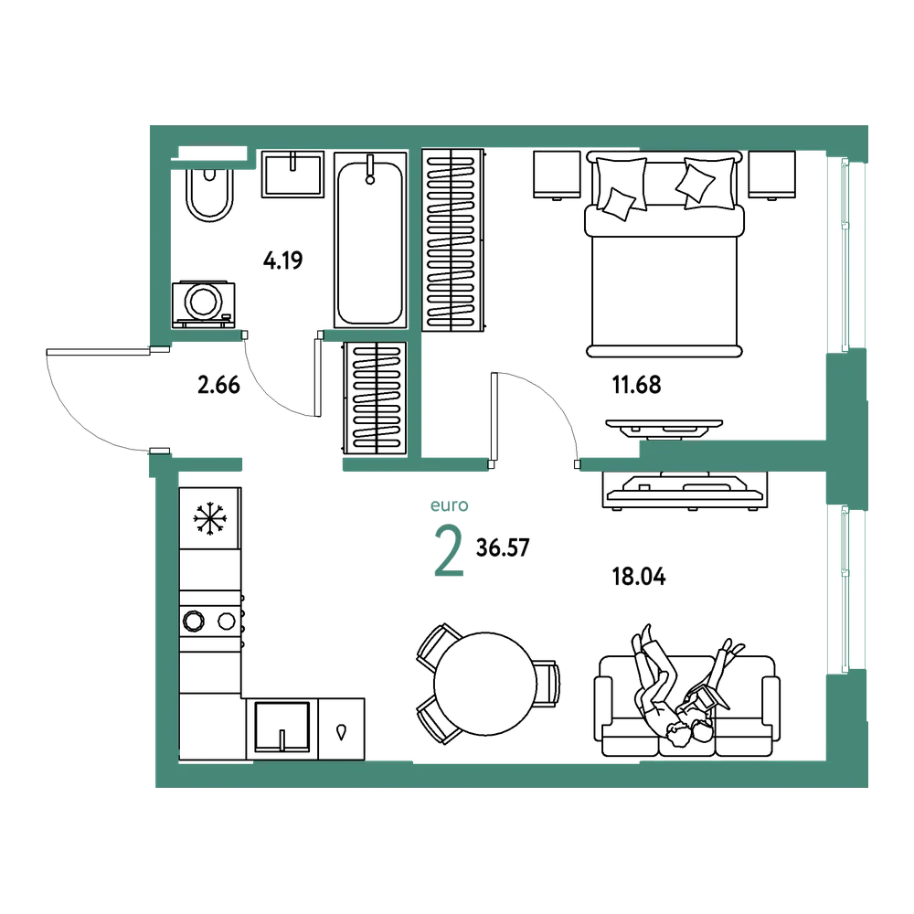 Планировка: Евродвушка 36,57 м²