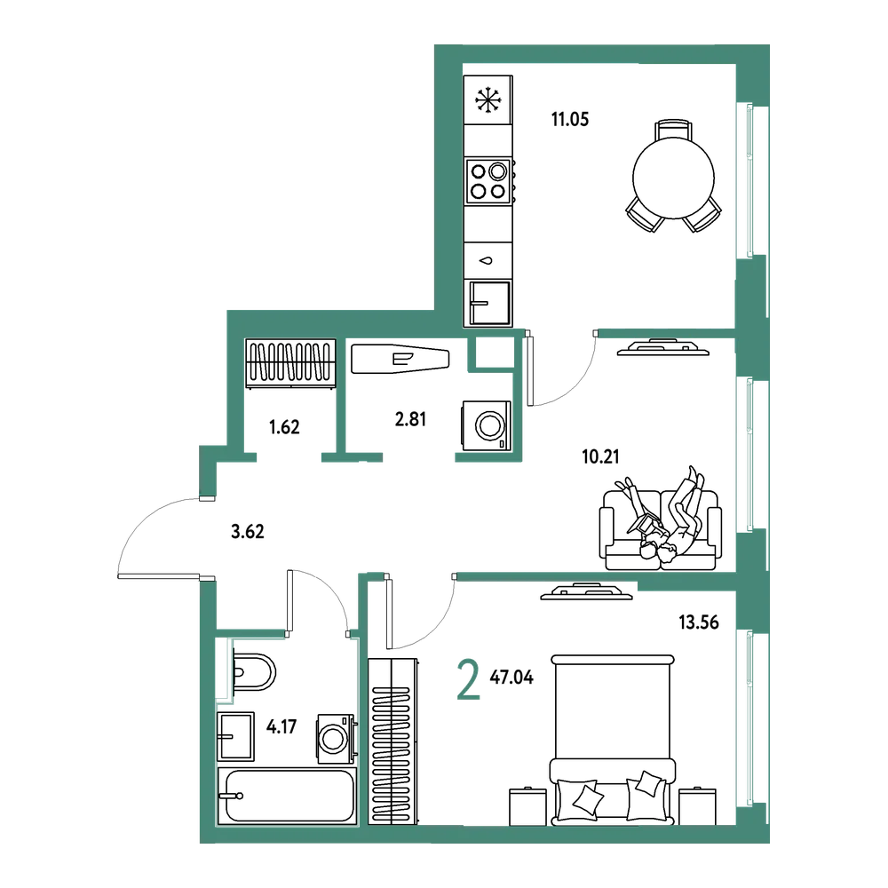 Планировка: 2-комнатная 47,04 м²