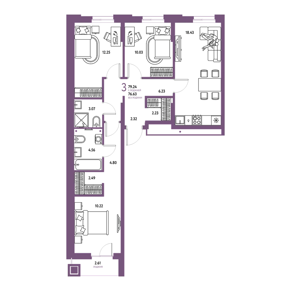 Планировка: 3-комнатная 79,24 м²