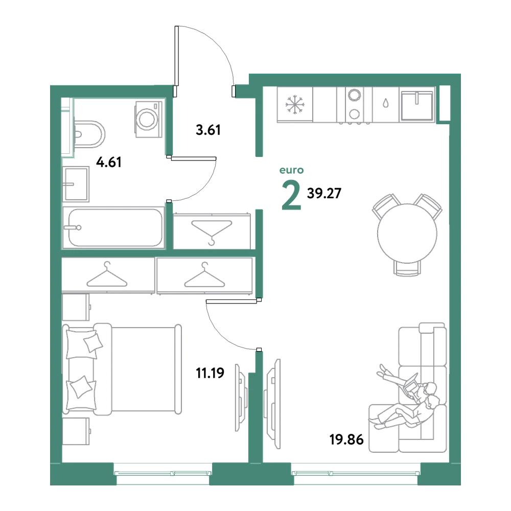 Планировка: Евродвушка 39,27 м²