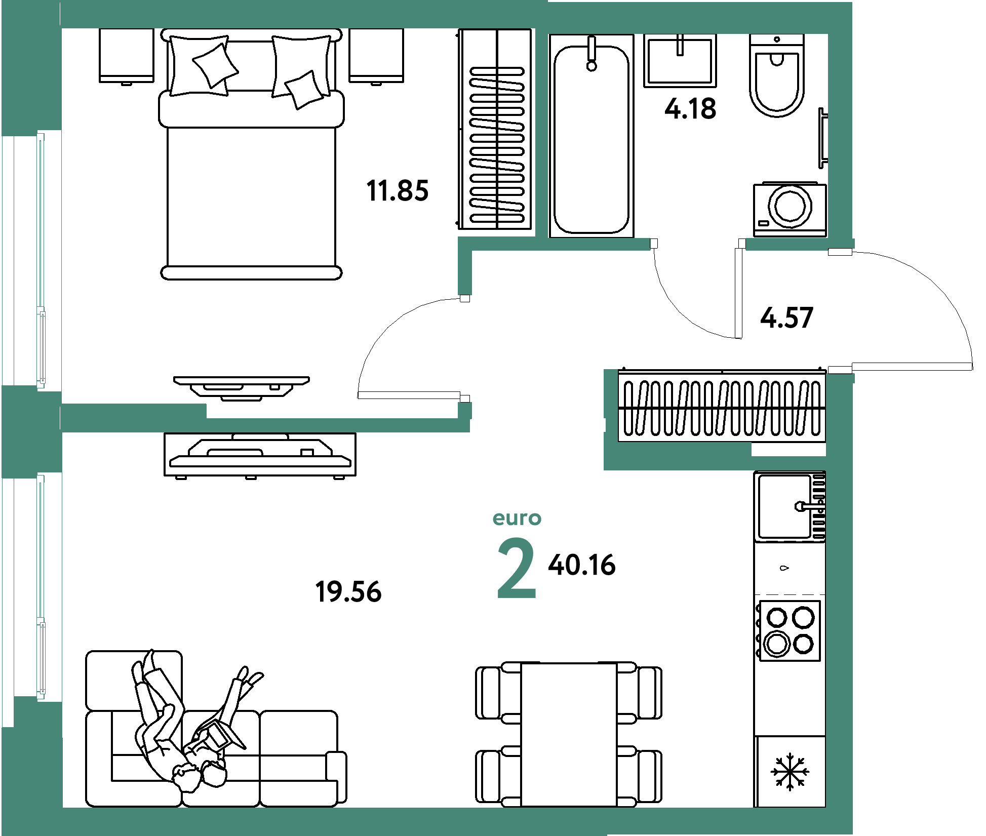 Планировка: Евродвушка 40,16 м² в ЖК «Европейский берег 2.0»